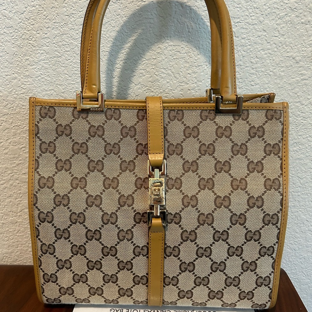 Gucci Jackie Bardot Brown Monogram Tote Handbag Satchel with Tan Leather Trim